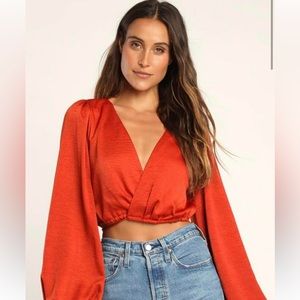Lulu’s Satin Long Sleeve Wrap Crop Top